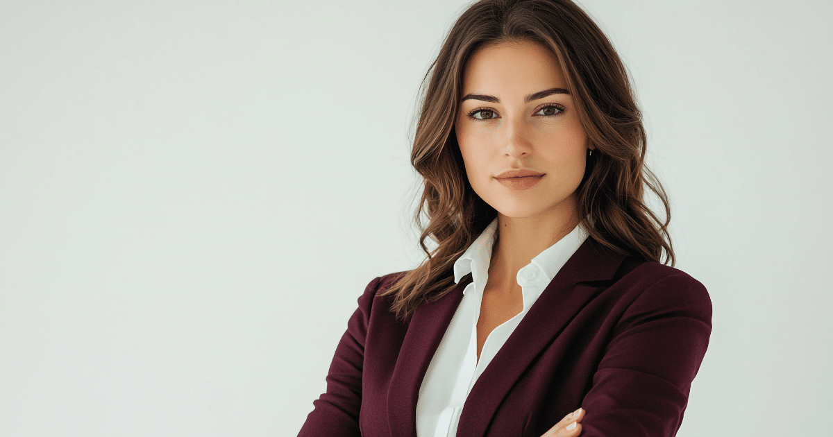 Professional woman in a suit, representing small business success and holiday season preparation strategies.