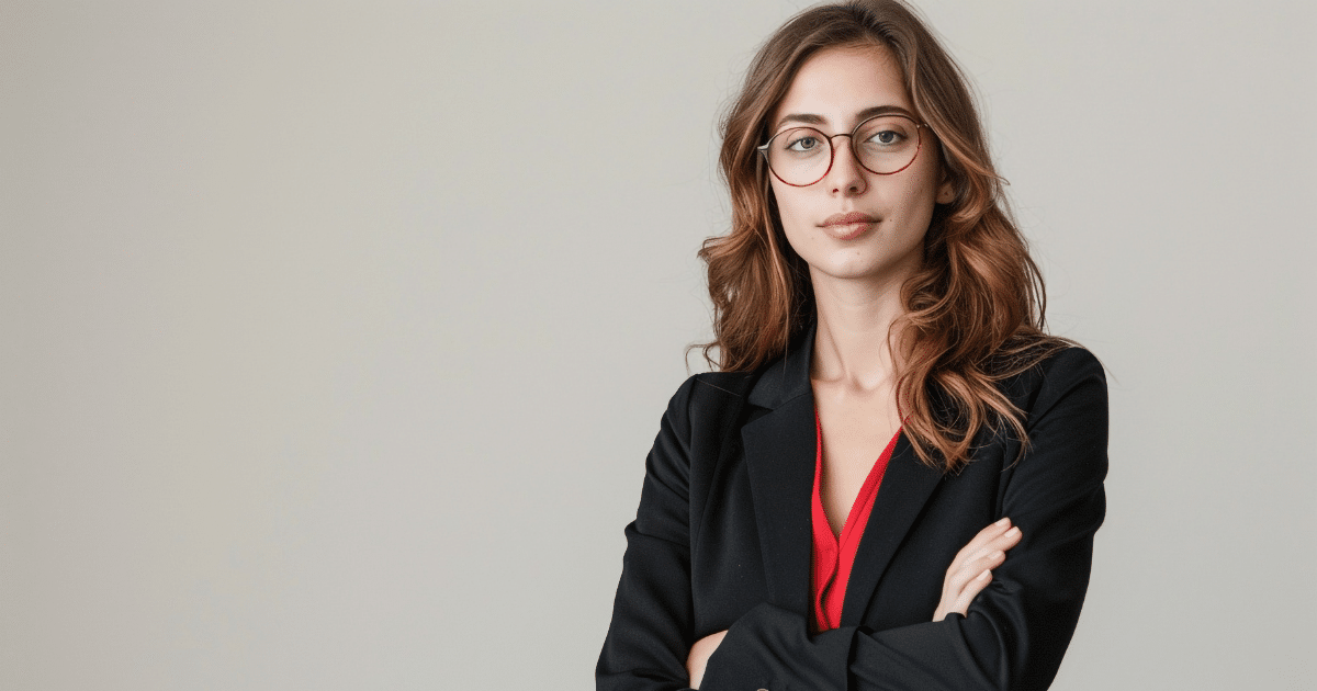 Professional woman in a blazer promoting employee motivation and stress reduction strategies in the workplace.