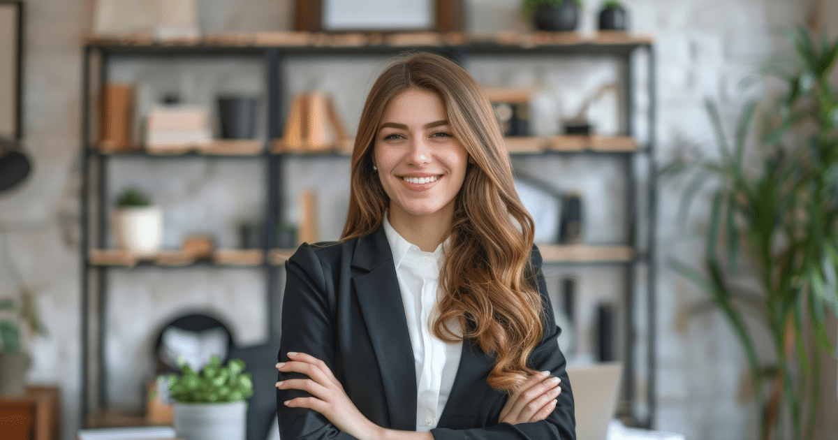 Professional woman smiling confidently in an office, embodying leadership development and team empowerment strategies.