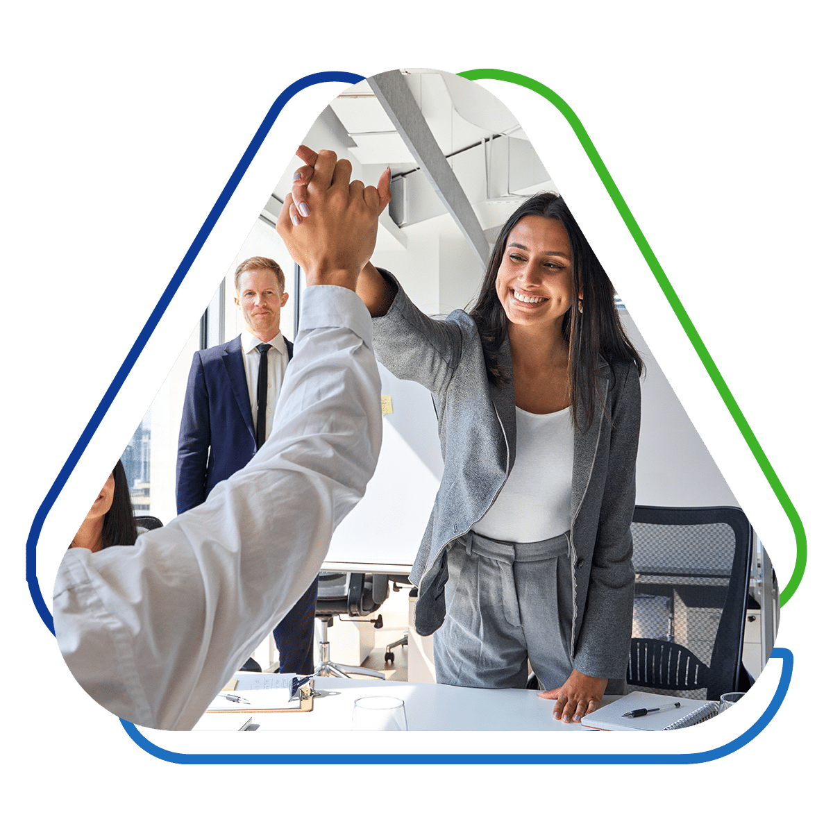 Business professionals celebrating success in a meeting, promoting affiliate partnerships with Advance Funds Network.