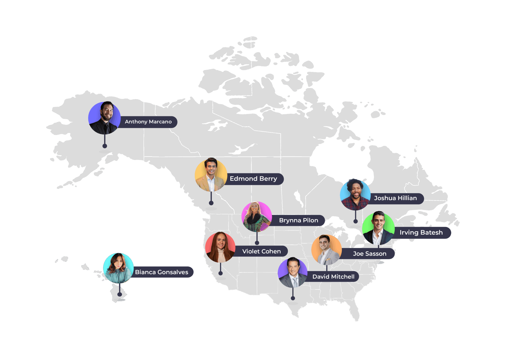 Map of North America highlighting business partners for small business funding solutions, showcasing diverse professionals.