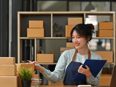 Business owner managing inventory and finances in a Florida shop, exploring bad credit loan options for growth.