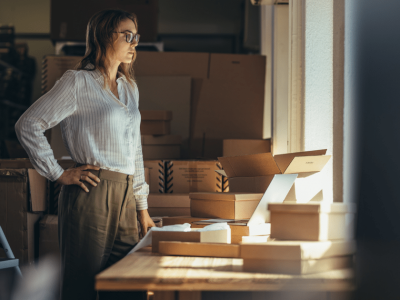 Businesswoman evaluating flexible credit options for real estate investment amidst boxes in a management office.