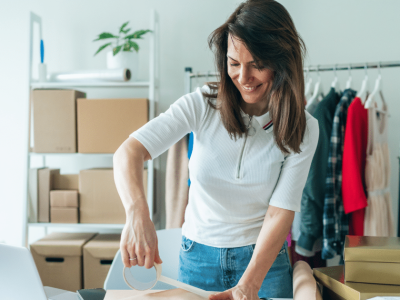 Woman packaging products in a small manufacturing business, highlighting the benefits of manufacturing and funding solutions.