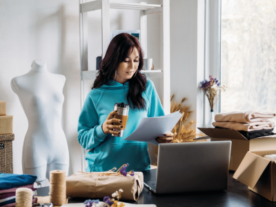 Business owner reviewing purchase orders with financing options, showcasing growth potential and operational efficiency.