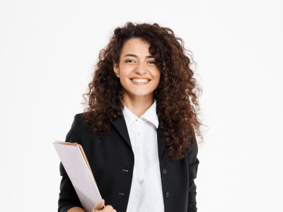 Smiling businesswoman holding documents, representing growth opportunities for small businesses in online shopping.