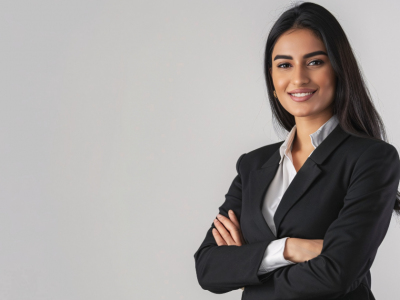 Professional woman in business attire promoting corporate social responsibility and community impact.