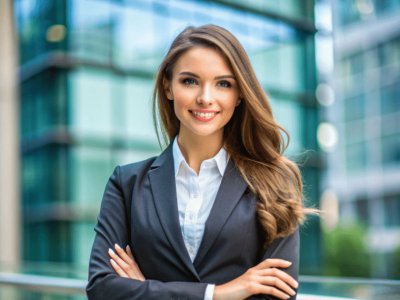 Professional woman in business attire smiling confidently, representing key factors in business success and financial management.