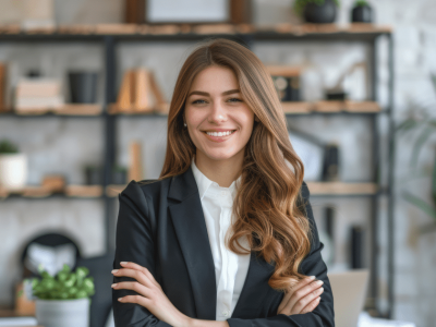 Professional woman smiling confidently in an office, embodying leadership development and team empowerment strategies.