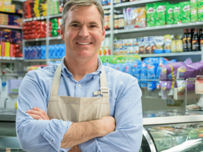 Smiling grocery store owner in apron, showcasing leadership and customer service skills in a vibrant retail environment.