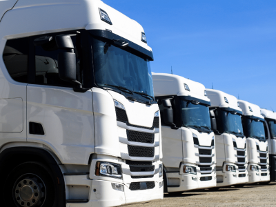 Heavy equipment financing solutions for trucking businesses, showcasing a line of white trucks ready for operation.